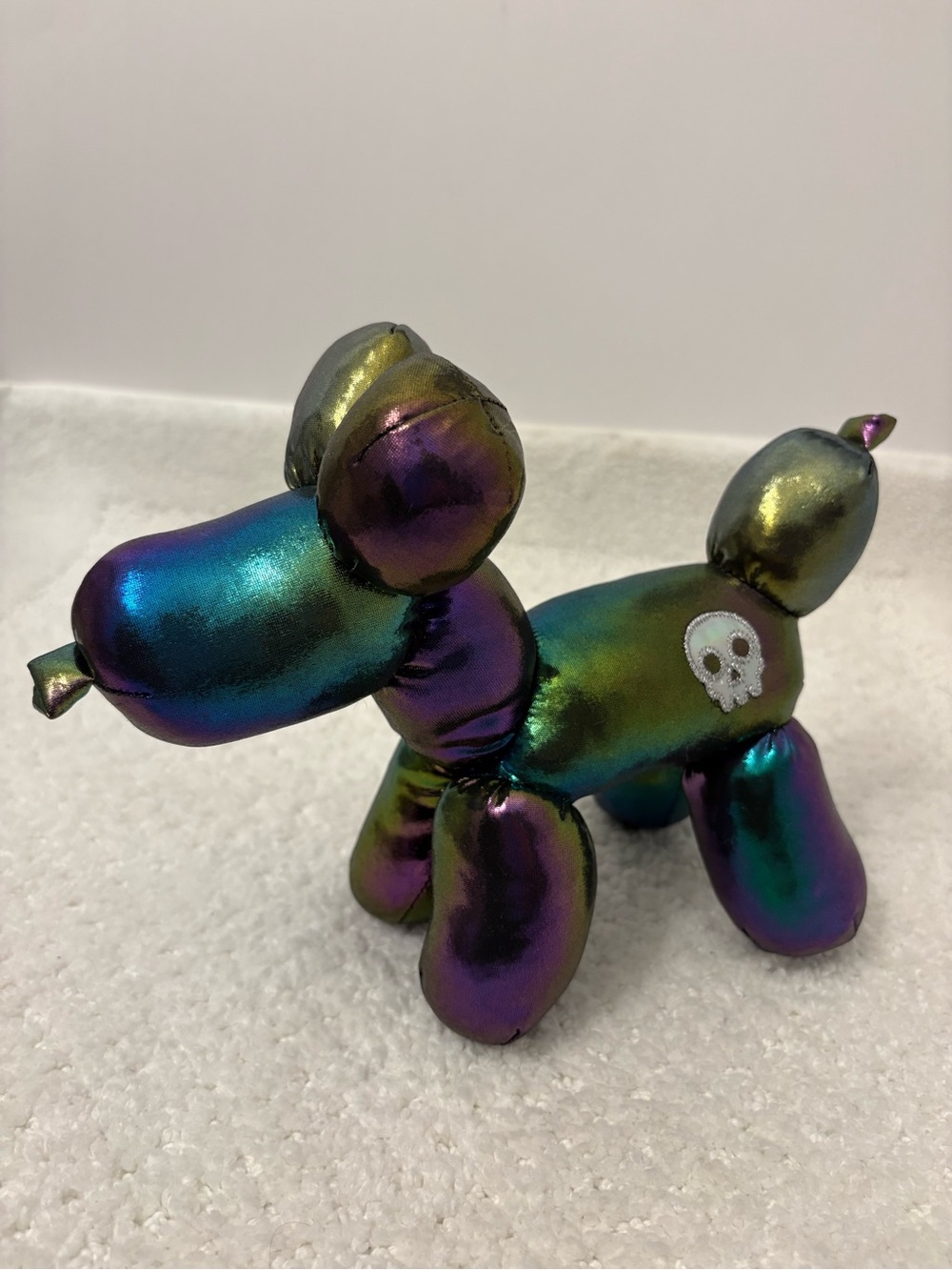 Metallic Purple Blue Green Balloon Dog Plush Skull Patch Shiny Stuffed Toy 10"